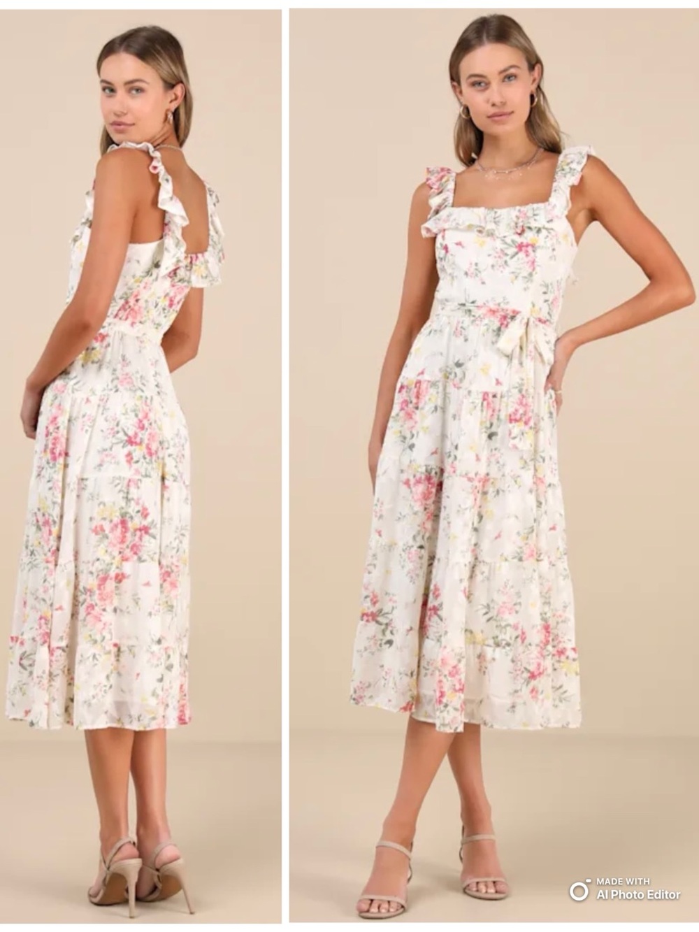 Lulus Large Shela Ivory Floral Jacquard Tiered Midi Dress NWT Romantic Summer